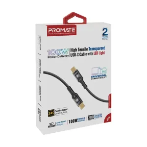 Promate High Tensile Transparent 100W Power Delivery USB-C Cable